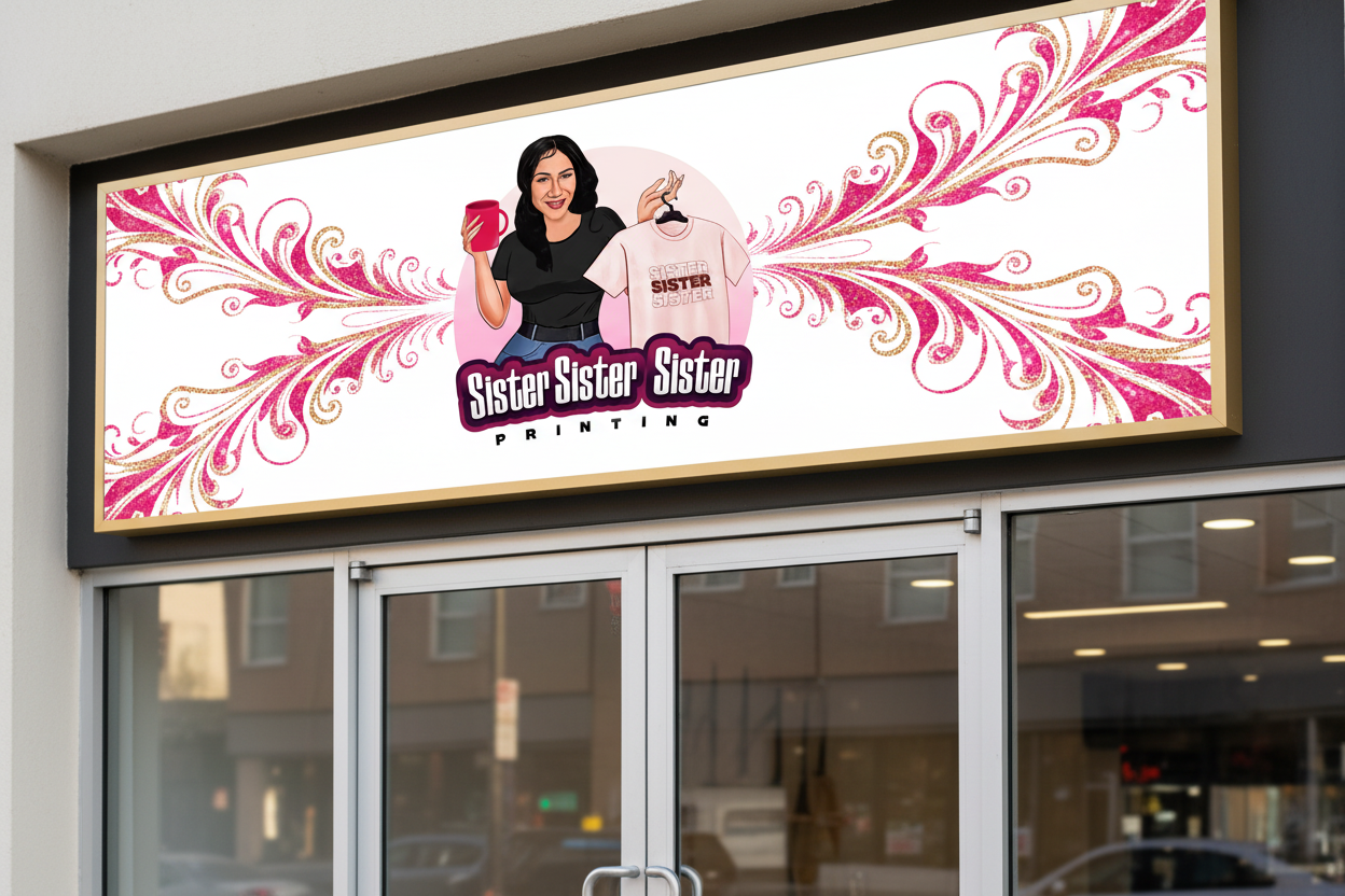 Custom above door sign with Sister Sister Sister Printing logo