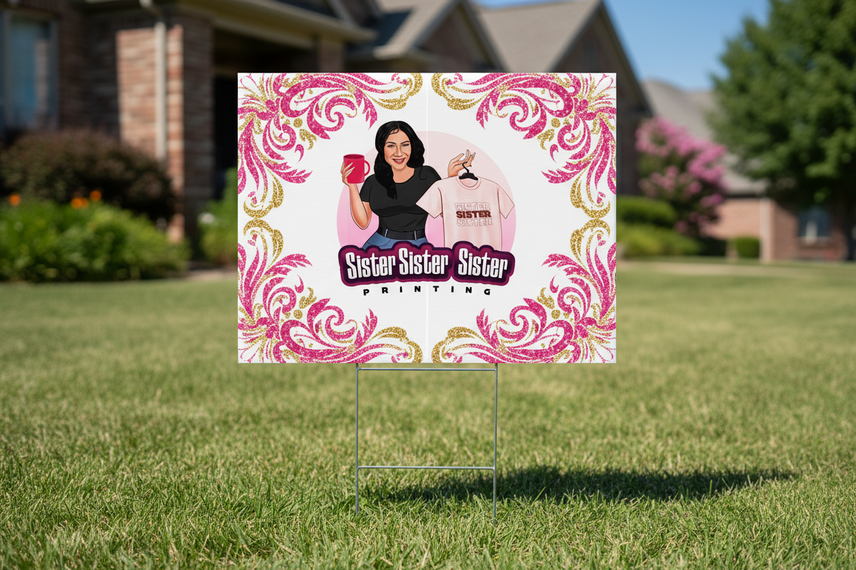 Custom 18x24 inch yard sign with Sister Sister Sister Printing logo